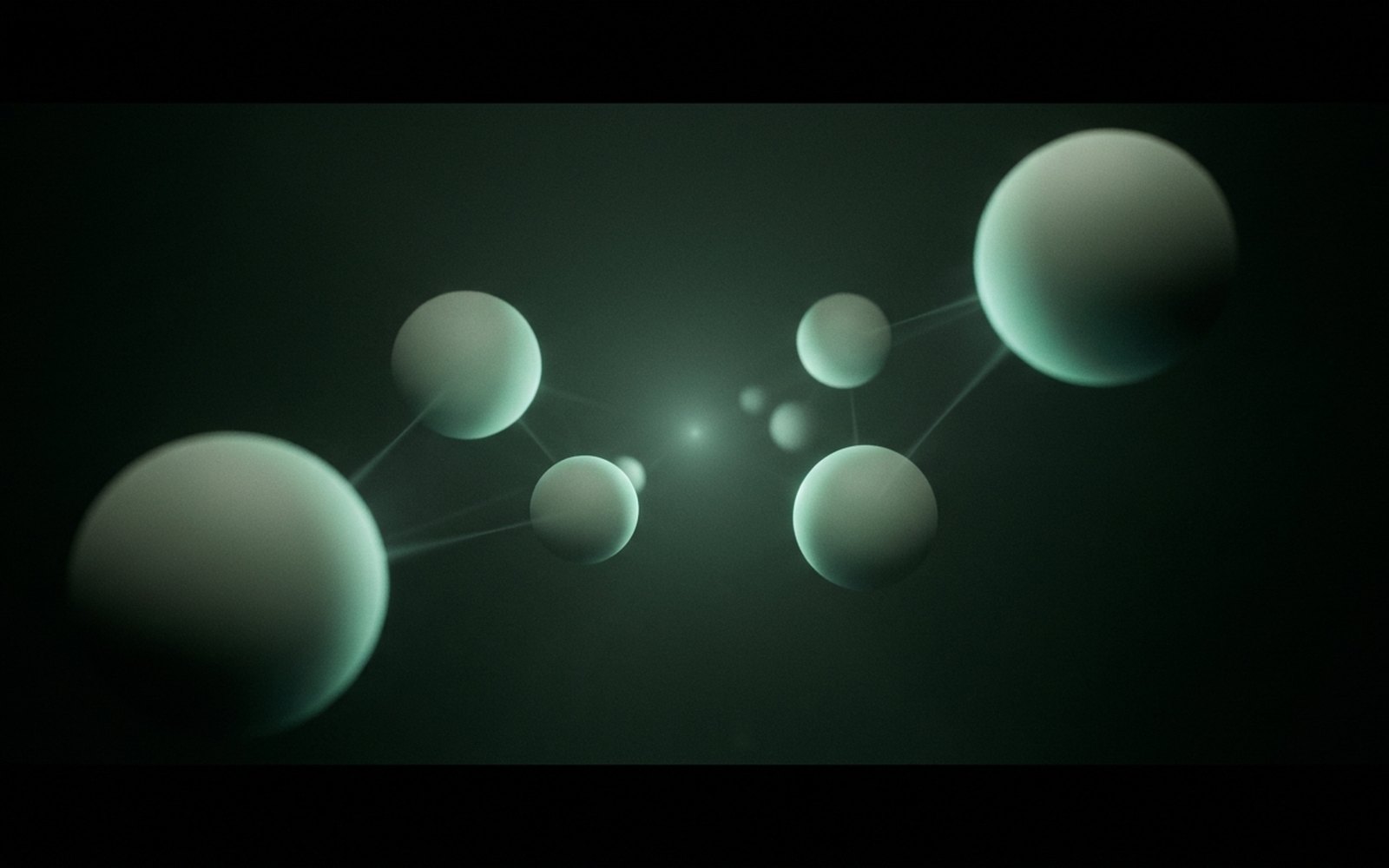 Six glowing nodes drifting toward a single point