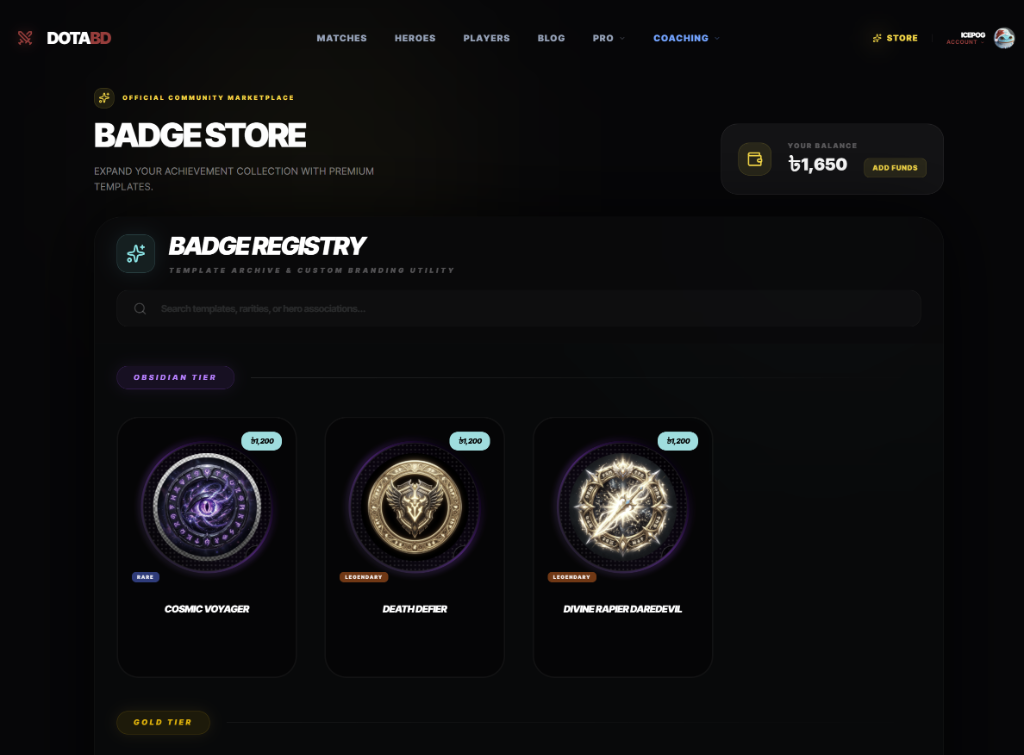DotaBD Badge Store & Registry Showcase