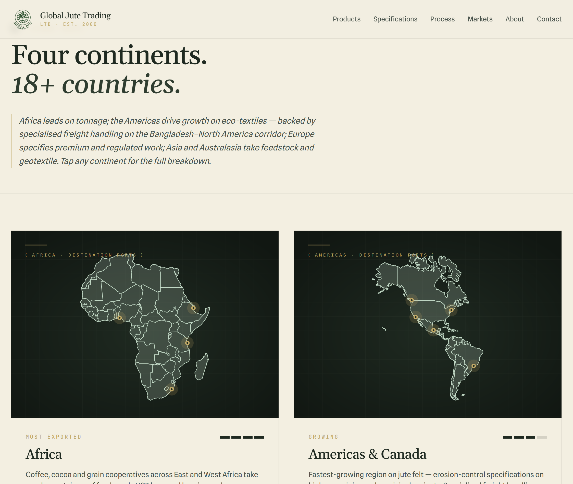 Markets — "Four continents. 18+ countries." d3-geo + topojson maps with Americas & Canada called out as the growth corridor.