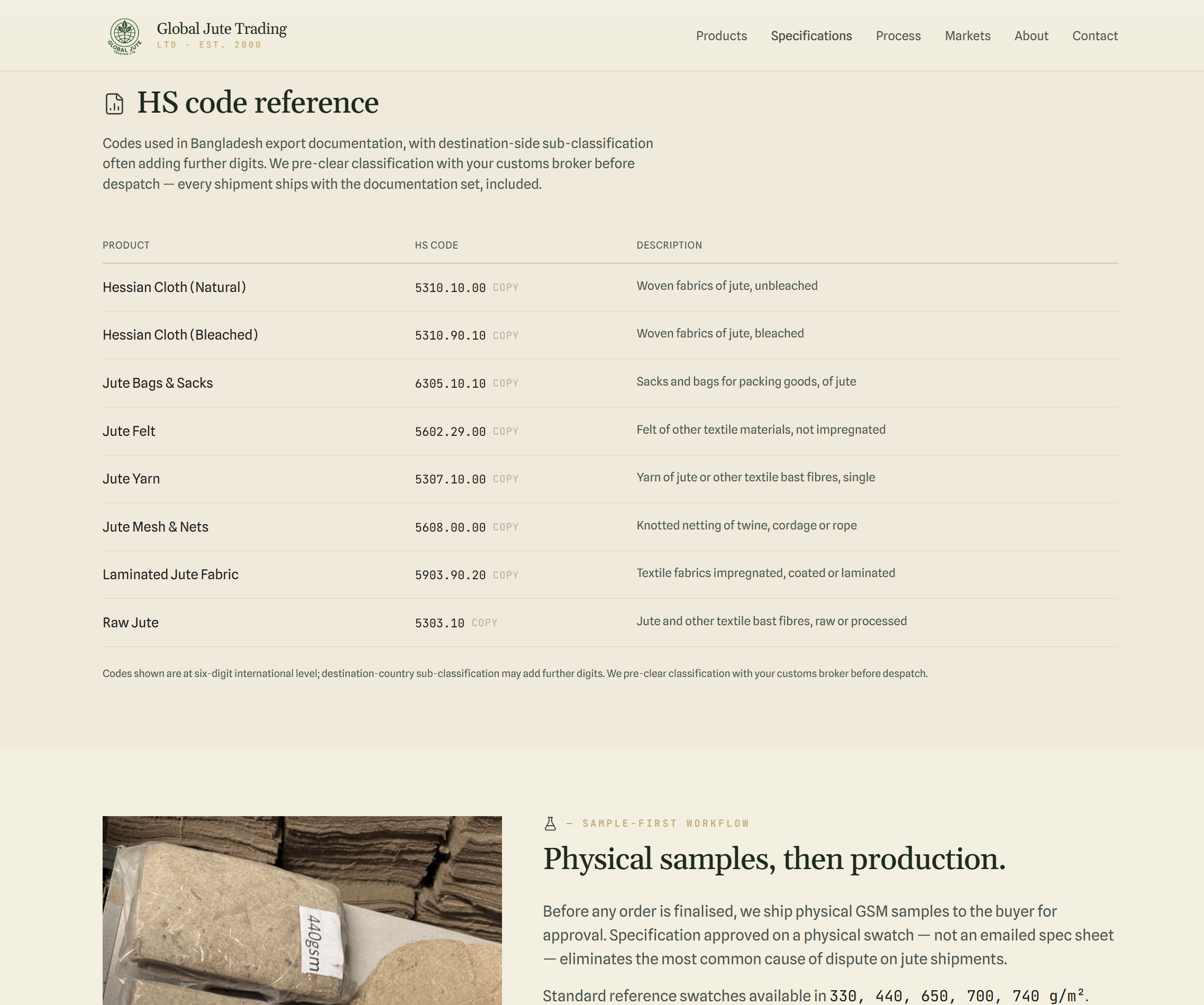 Specifications — HS code reference. Spec-first IA: every product line listed against its six-digit international classification and product description.